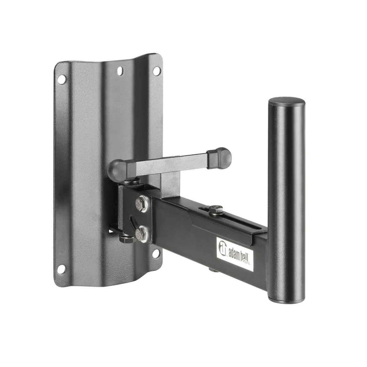 A black Adam Hall wall mount for speakers with an adjustable tilt feature.