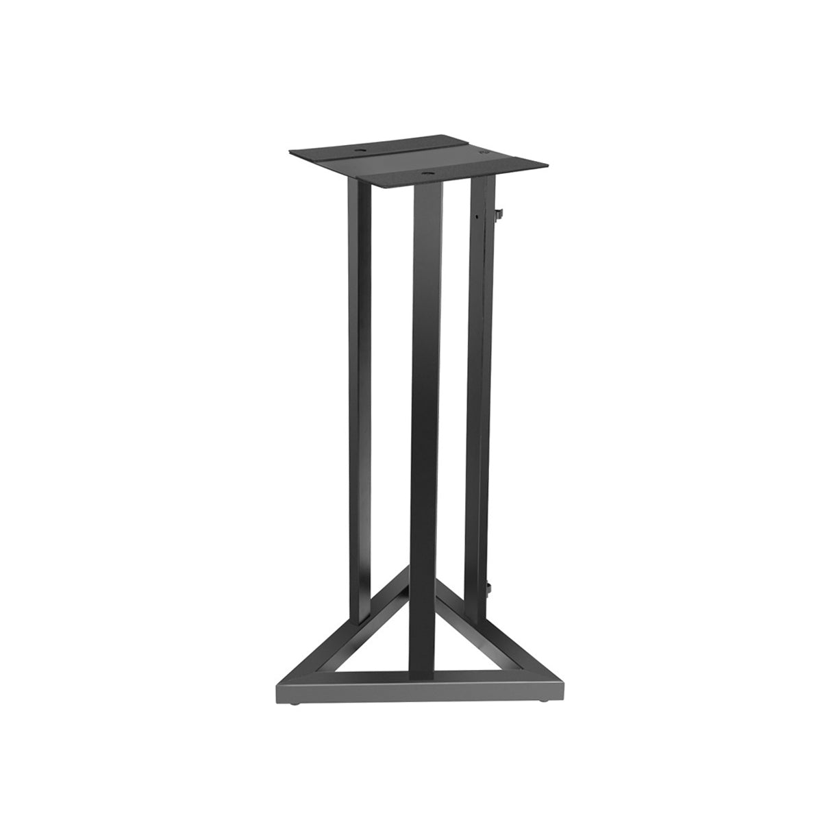 A black studio monitor stand with a triangular foot and a foam-padded steel tray.