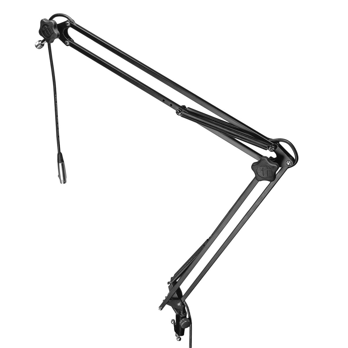 A black Adam Hall Stands S TBA 01 microphone arm with a built-in XLR cable, featuring a table clamp and spring holders.