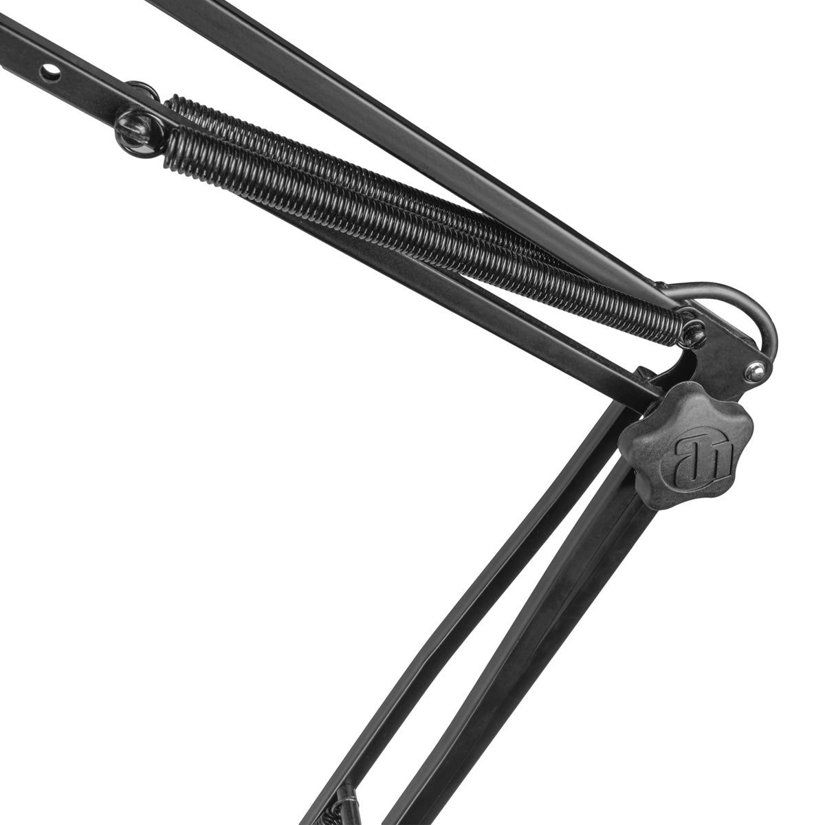 Close-up of a black metal frame with a spring mechanism on a white background