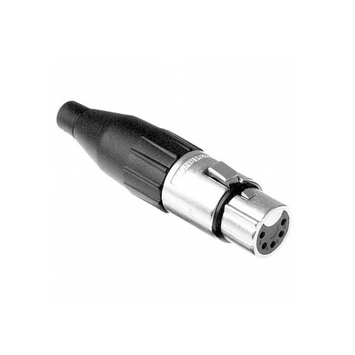 An Amphenol AC5F Female XLR 5 Inline connector with machined contacts and a nickel finish.