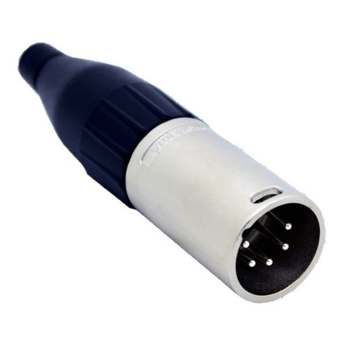 An Amphenol AC5M male XLR 5 inline connector with machined contacts and a nickel finish.