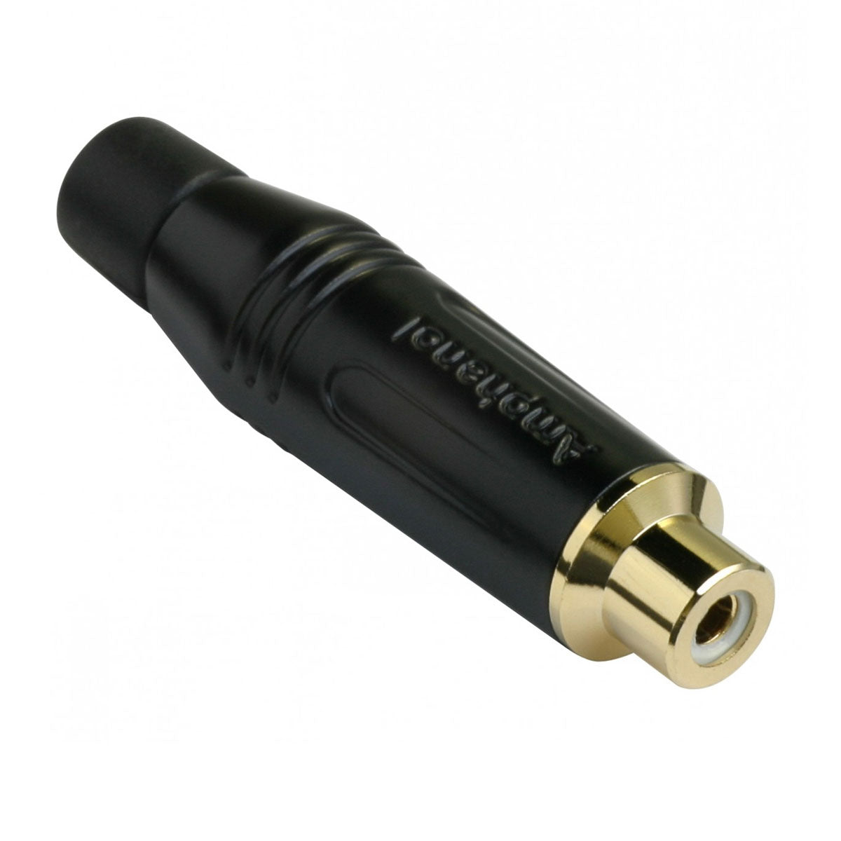 A black Amphenol ACJR RCA female inline cable connector with gold plated contacts and a diecast shell.
