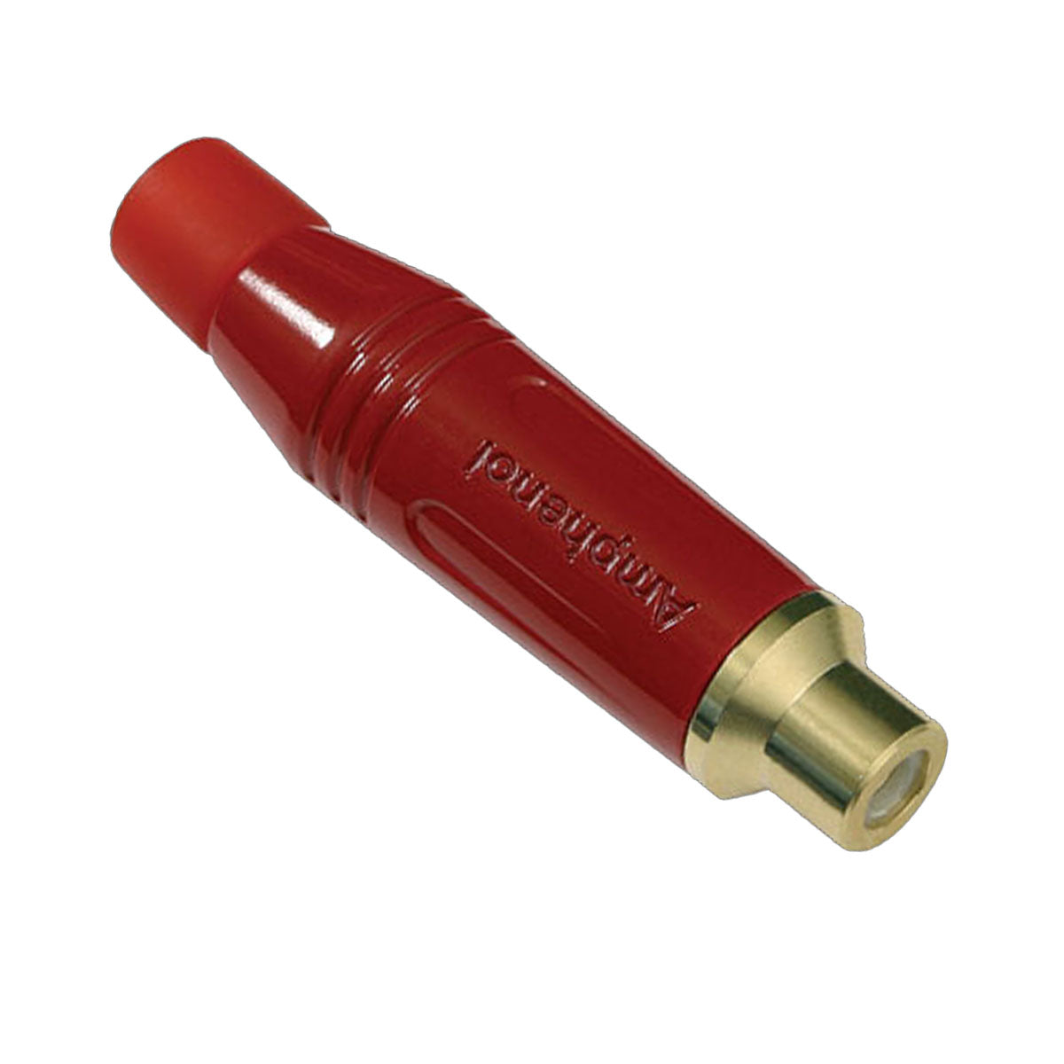 A red Amphenol ACJR RCA female inline cable connector with gold plated contacts and a diecast shell.