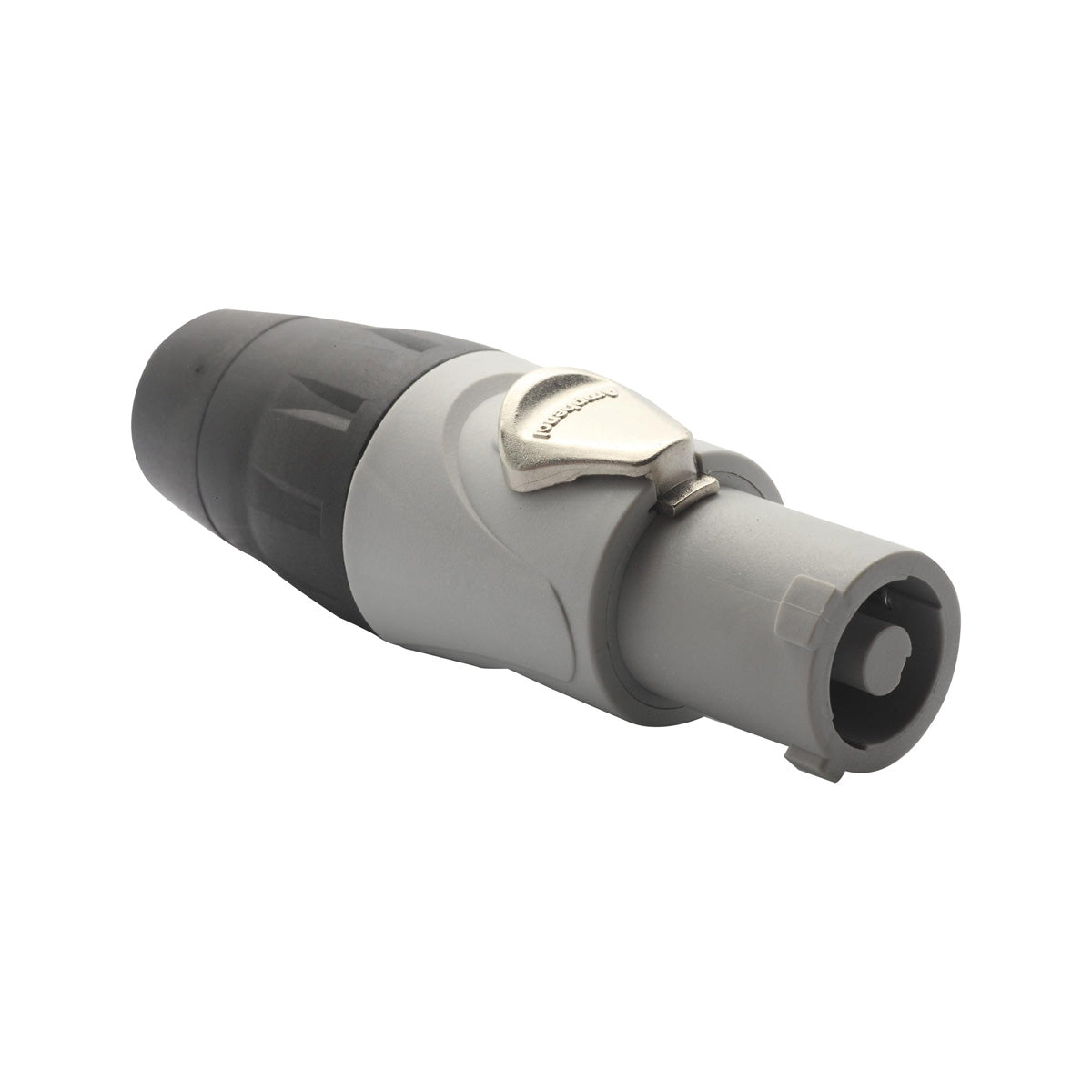 A gray 3 pole female audio power cable connector plug