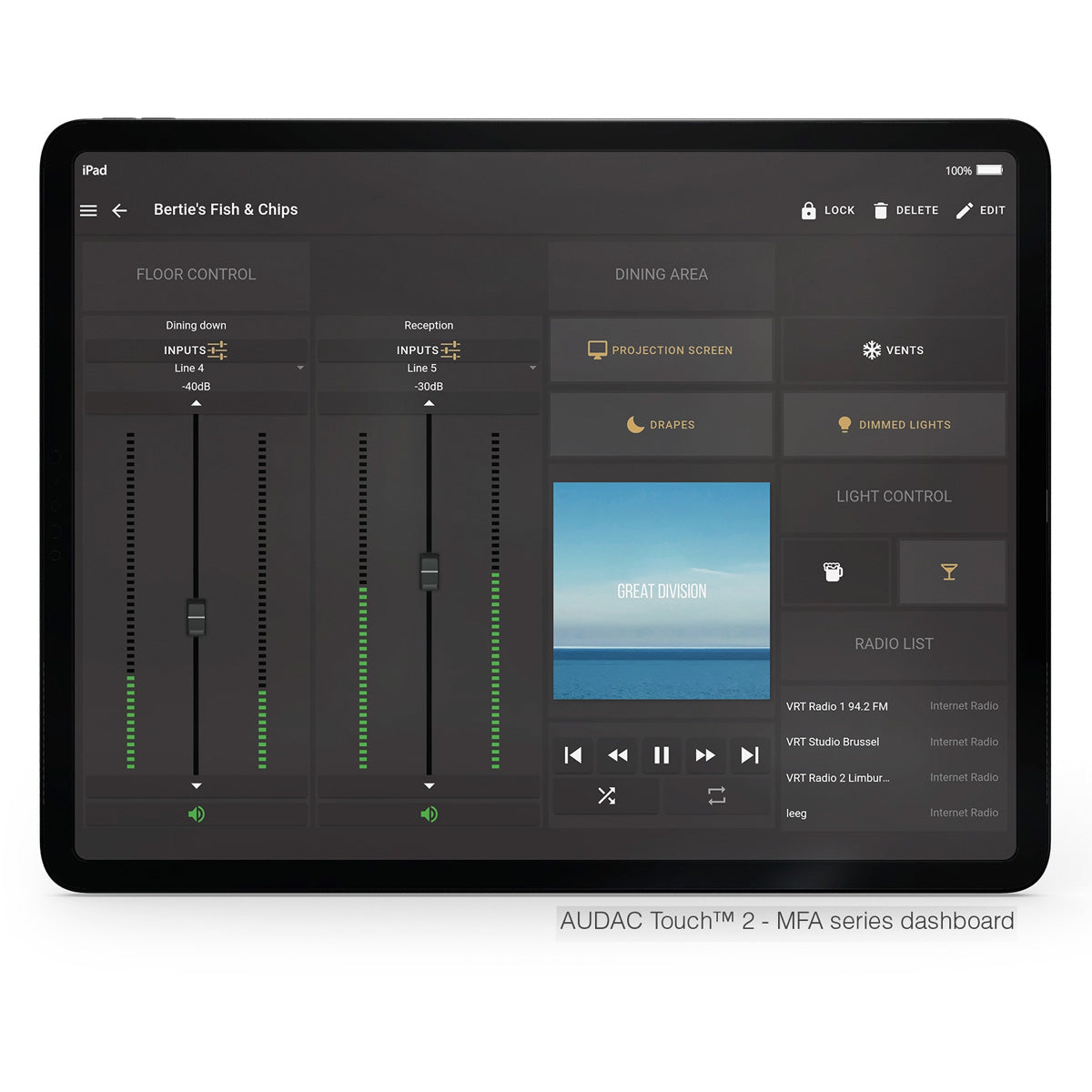Audac Touch 2 dashboard on a tablet screen with interface elements.