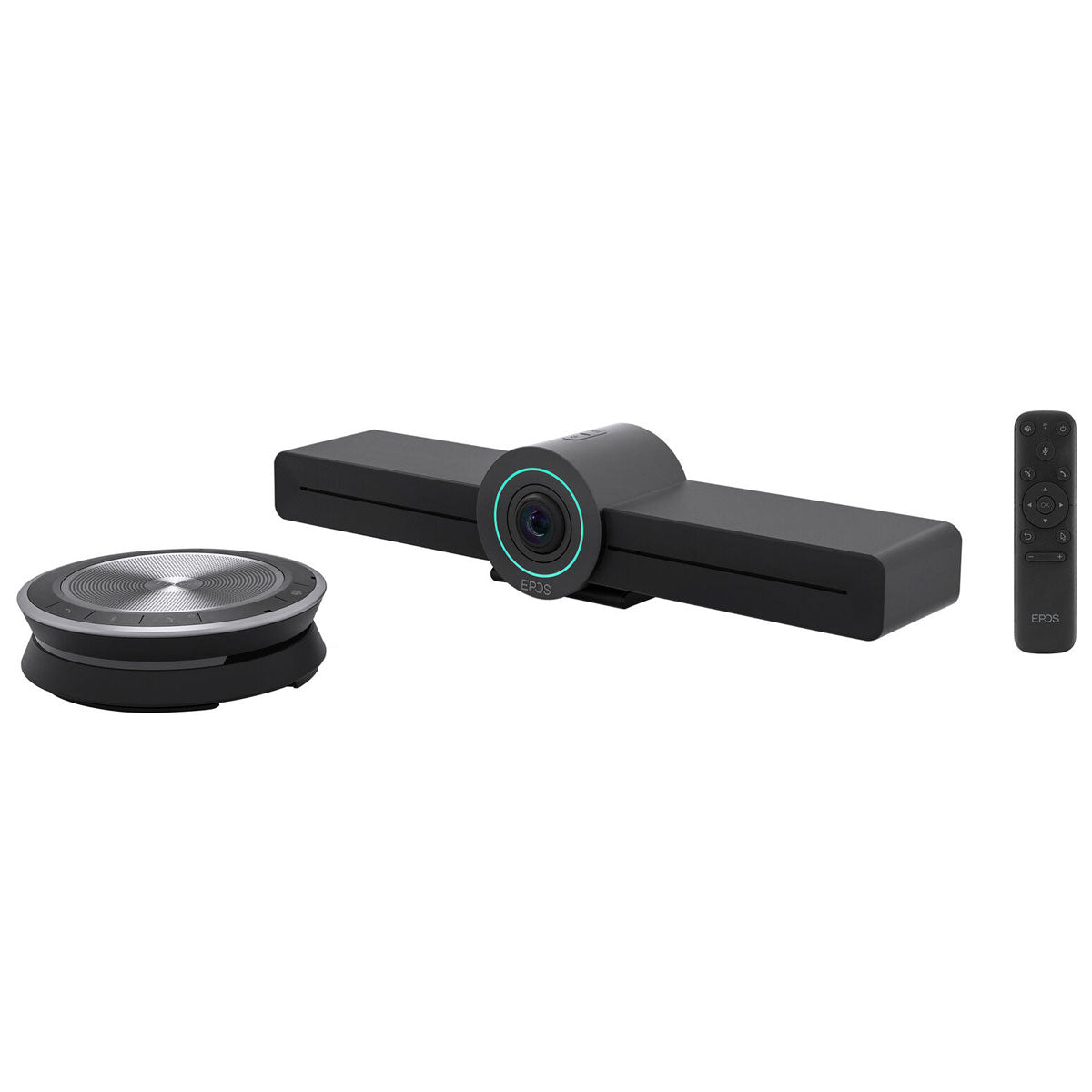 An EPOS EXPAND Vision 3T Video Bar set including a video conferencing camera bar, a base, and a remote control, all in black color.