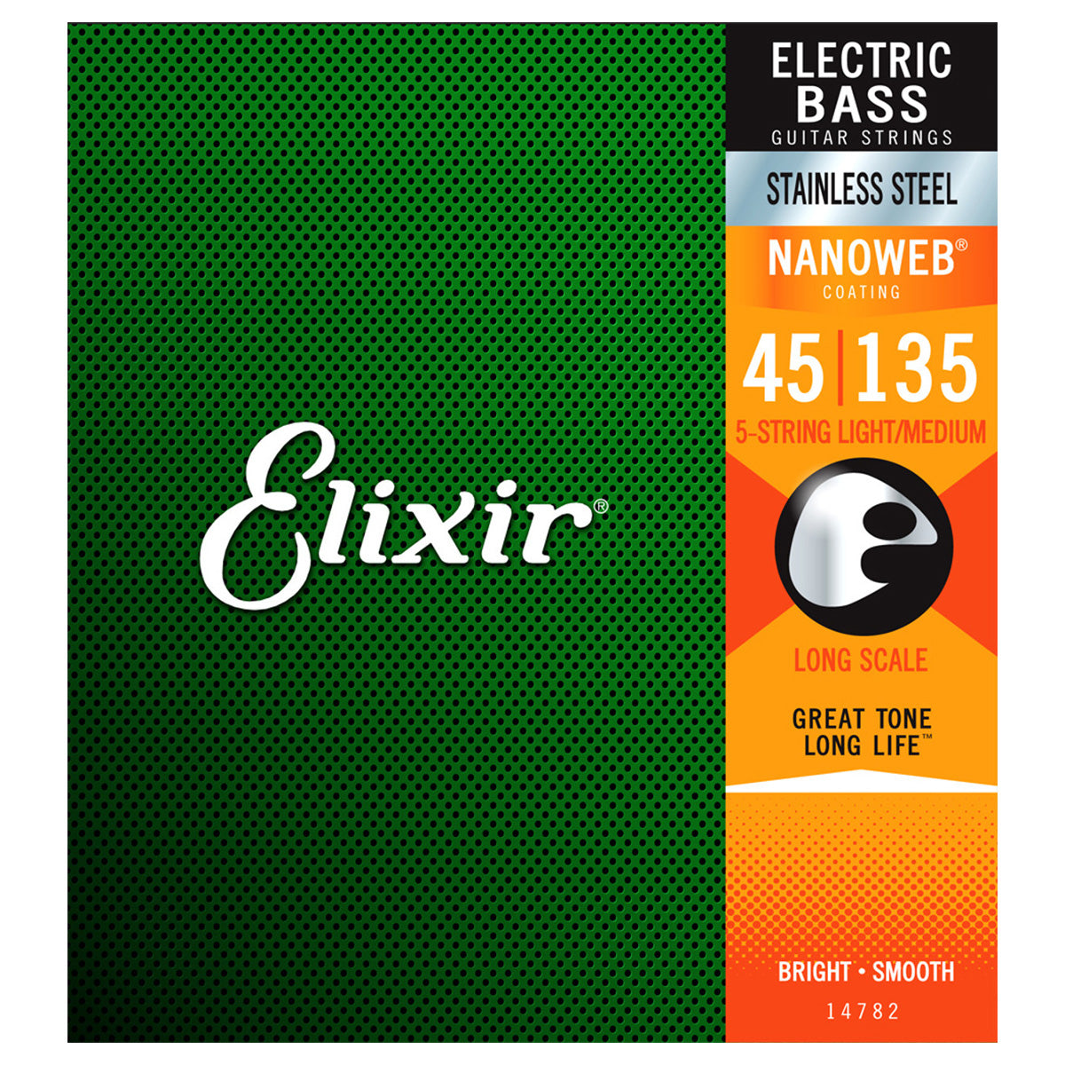 Elixir electric bass guitar strings packaging with green and orange design