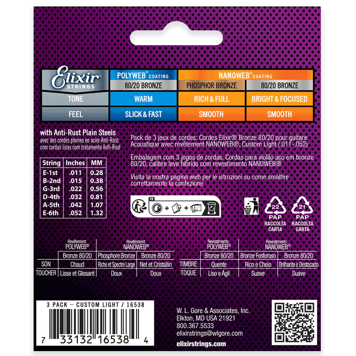 Elixir 16538 Nanoweb Coating 80/20 Bronze Acoustic Guitar Strings Custom Light 0.11-0.52 3-PACK