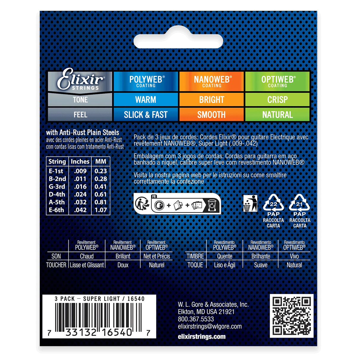 Elixir 16540 Nanoweb Nickel Plated Steel Electric Guitar Strings Super Light 0.09-0.42 - 3-PACK
