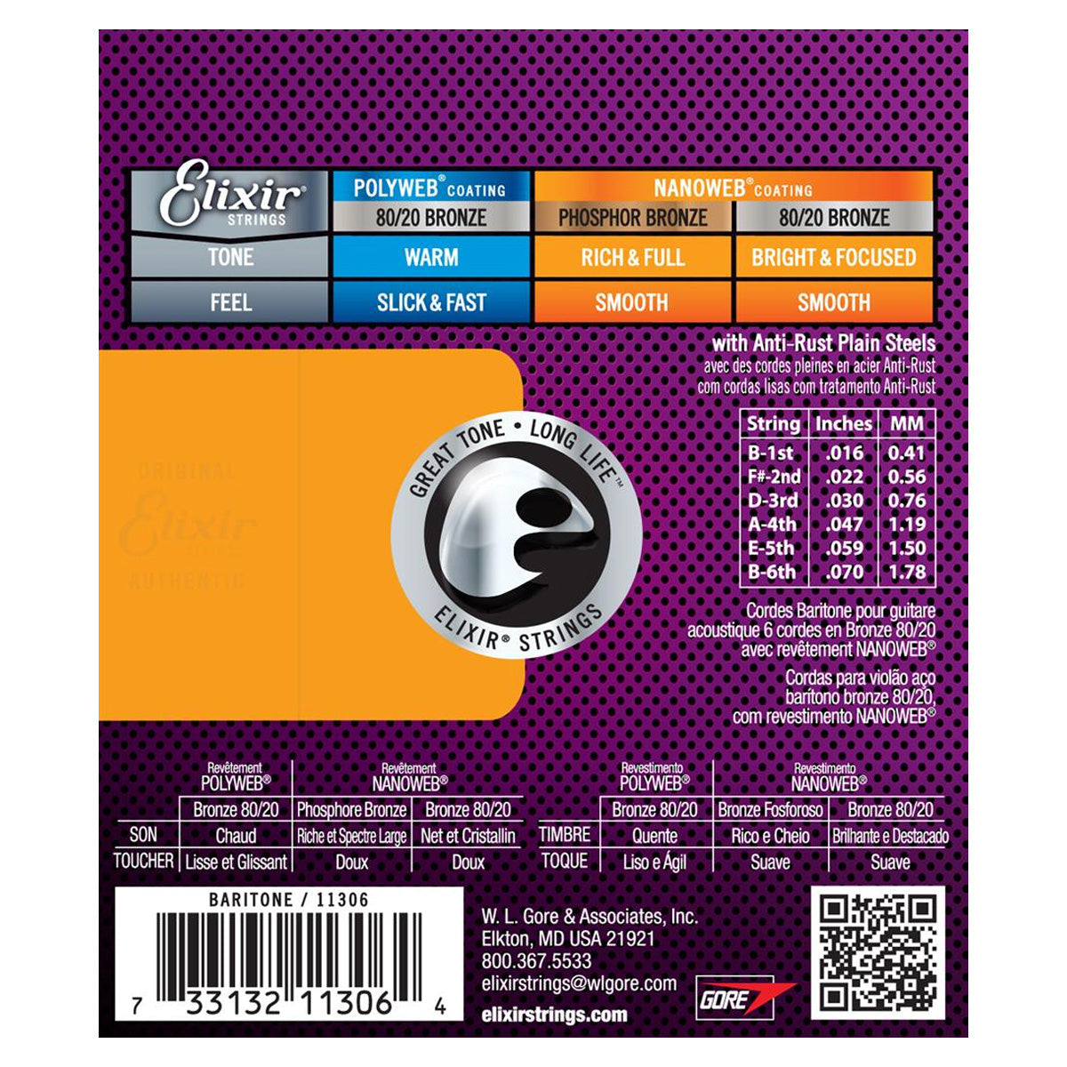 Elixir 11306 NANOWEB Coating 80/20 Bronze Acoustic Guitar Strings Baritone (.016-.070)