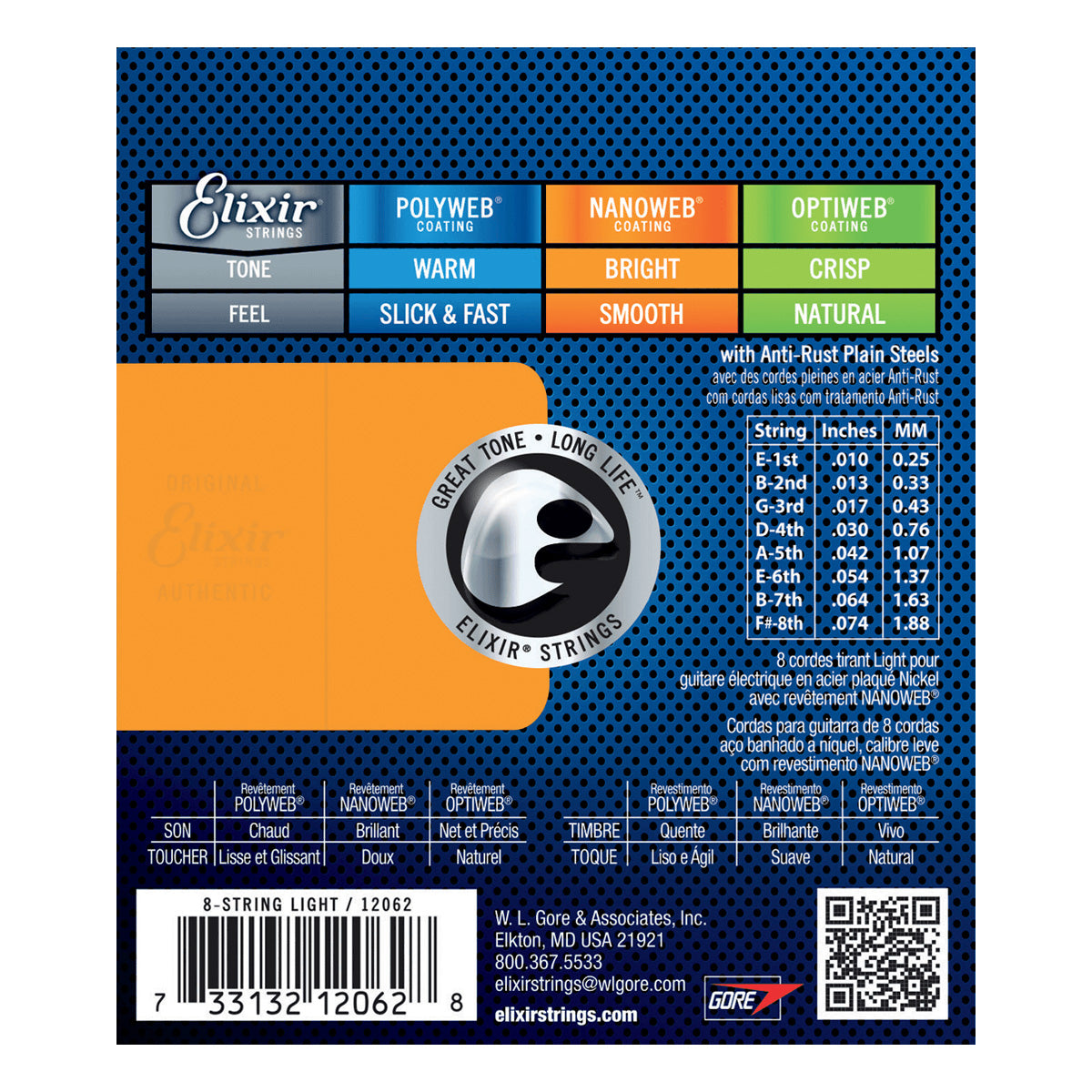 Elixir 12062 Nanoweb Coating Nickel Plated Steel Electric Guitar Strings 8-String Light (.010-.074)