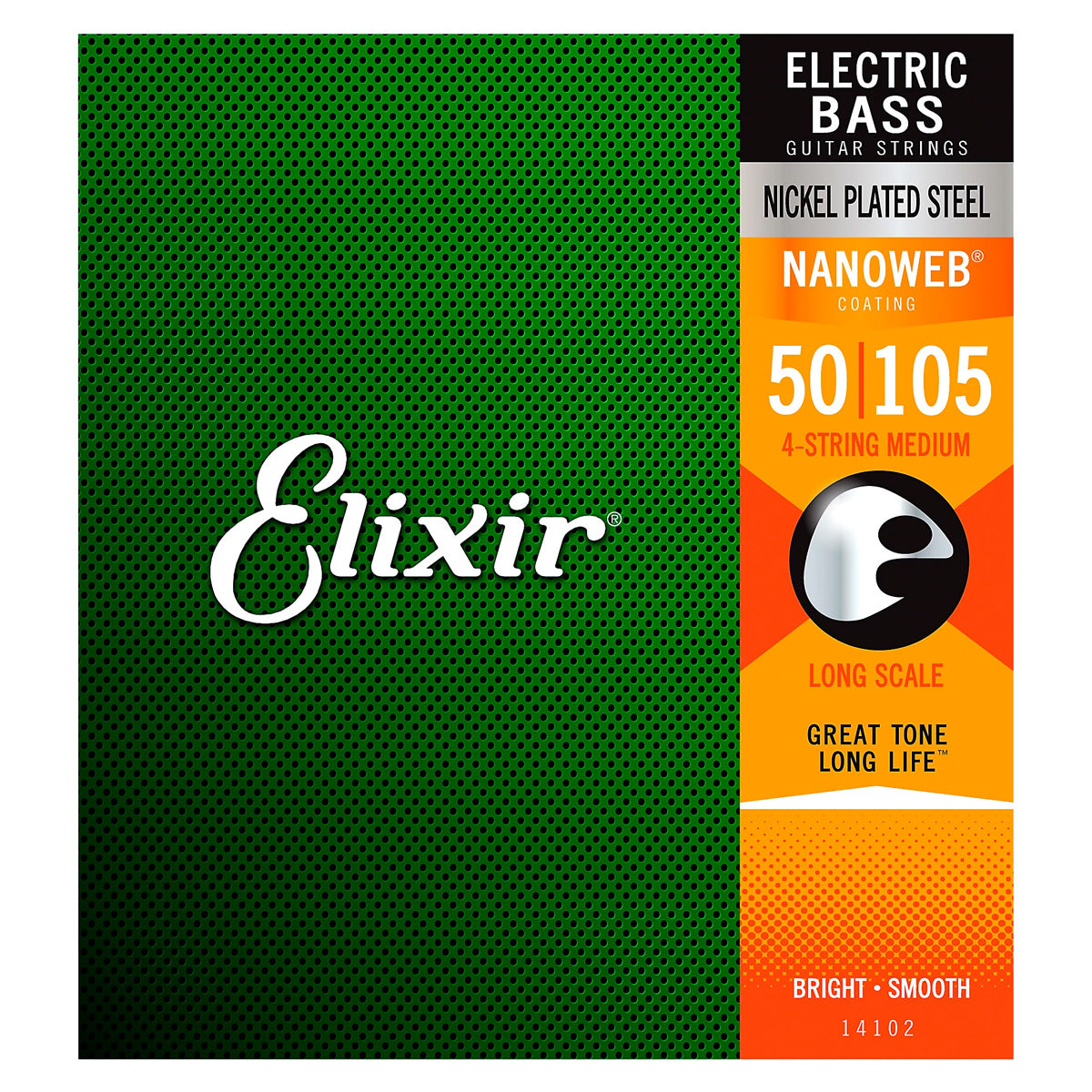 Elixir 14102 NANOWEB Coating Nickel Plated Steel Electric 4-String Bass Guitar Strings Medium, Long Scale (.050-.105)
