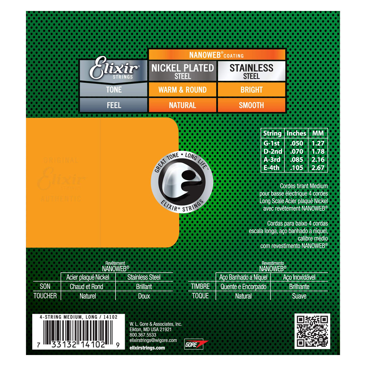 Elixir 14102 NANOWEB Coating Nickel Plated Steel Electric 4-String Bass Guitar Strings Medium, Long Scale (.050-.105)