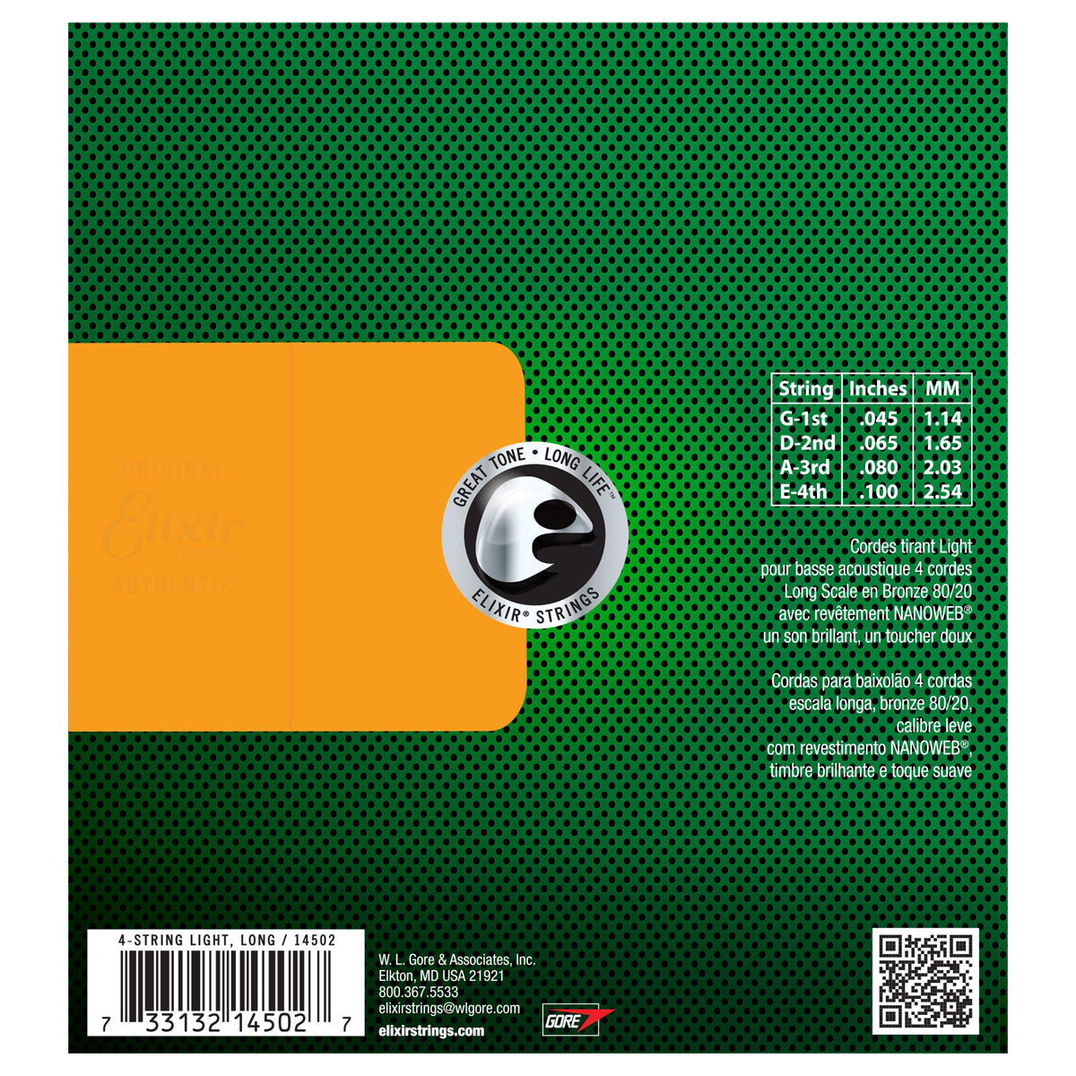 Elixir 14502 Nanoweb Coating 80/20 Bronze Acoustic Bass Guitar Strings (.0.45-.100)