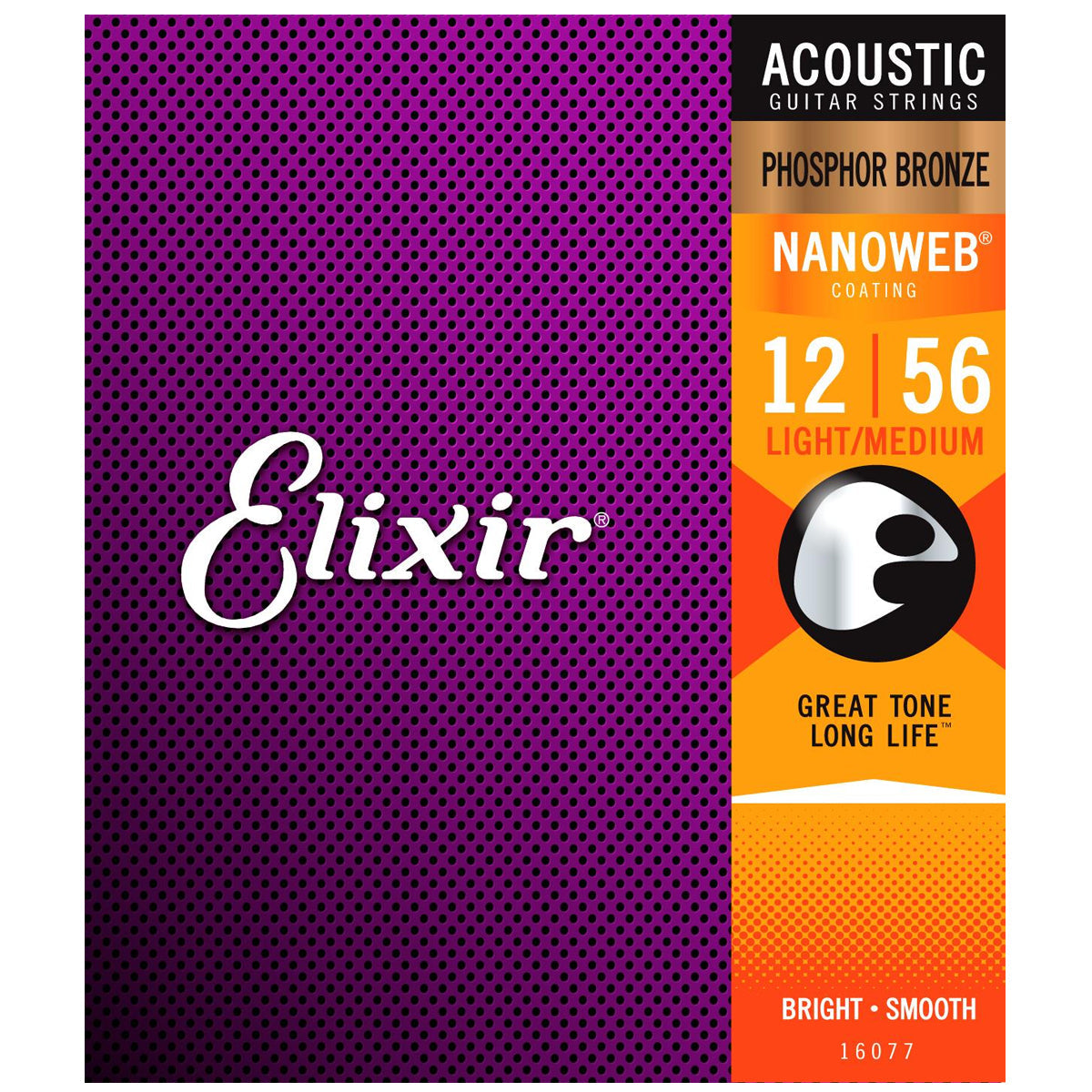 Elixir 16077 Nanoweb Coating Phosphor Bronze Acoustic Guitar Strings Light Medium (0.12-0.56) Folk Steel Strings