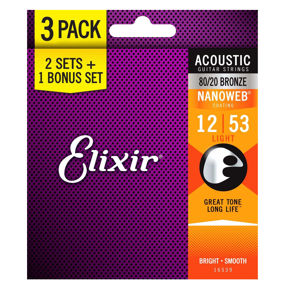 Elixir 16539 Nanoweb Coating 80/20 Bronze Acoustic Guitar Strings Light 0.12-0.53 3-PACK Folk Steel Strings