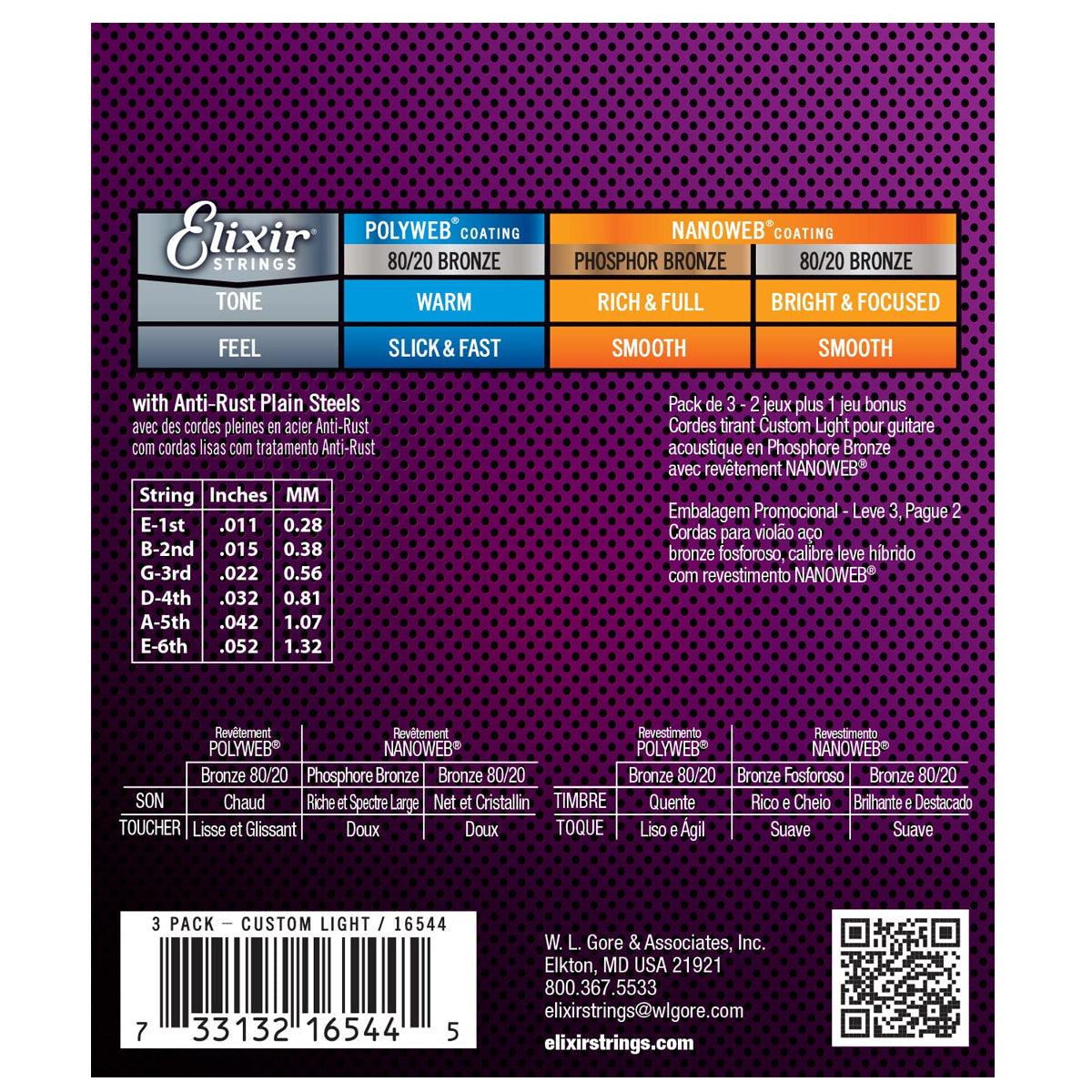 Elixir 16544 Nanoweb Phosphor Bronze Acoustic Guitar Strings.011 -.052 Custom Light 3-pack Folk Steel Strings