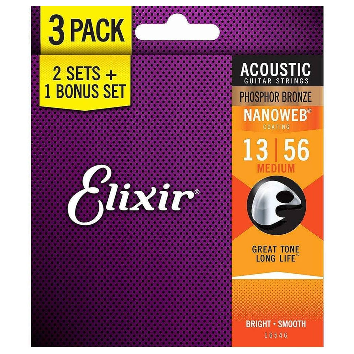 Elixir 16546 Nanoweb Coating Phosphor Bronze Acoustic Guitar Strings Medium 0.13-0.56 3-PACK Folk Steel Strings