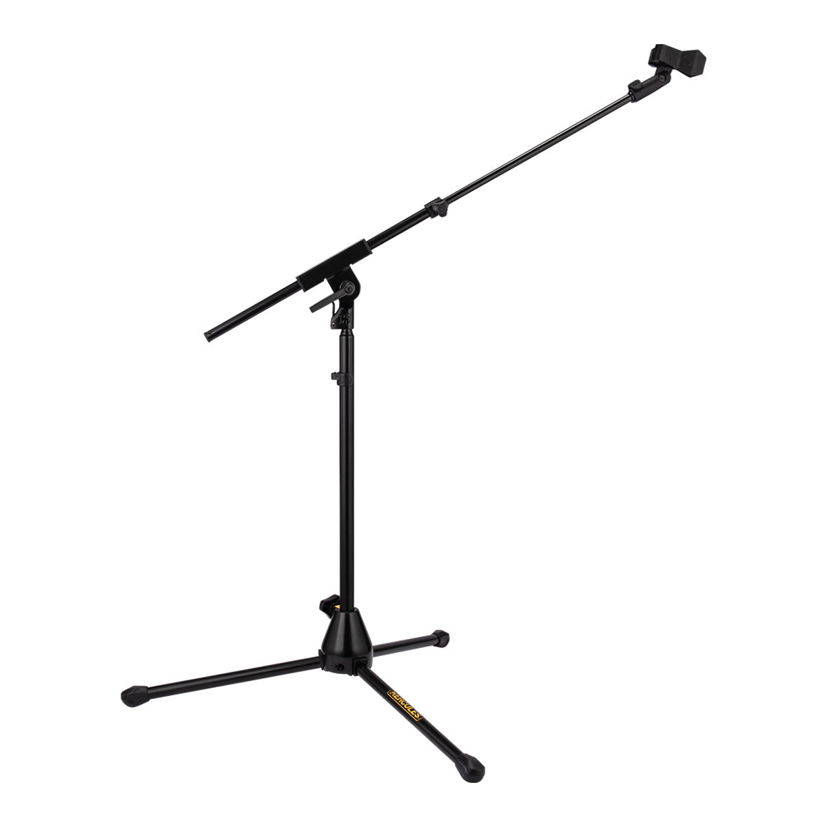 Hercules MS520BPRO Low Profile Tripod Microphone Stand with a telescoping boom arm, featuring a black color scheme and a folding tripod base.