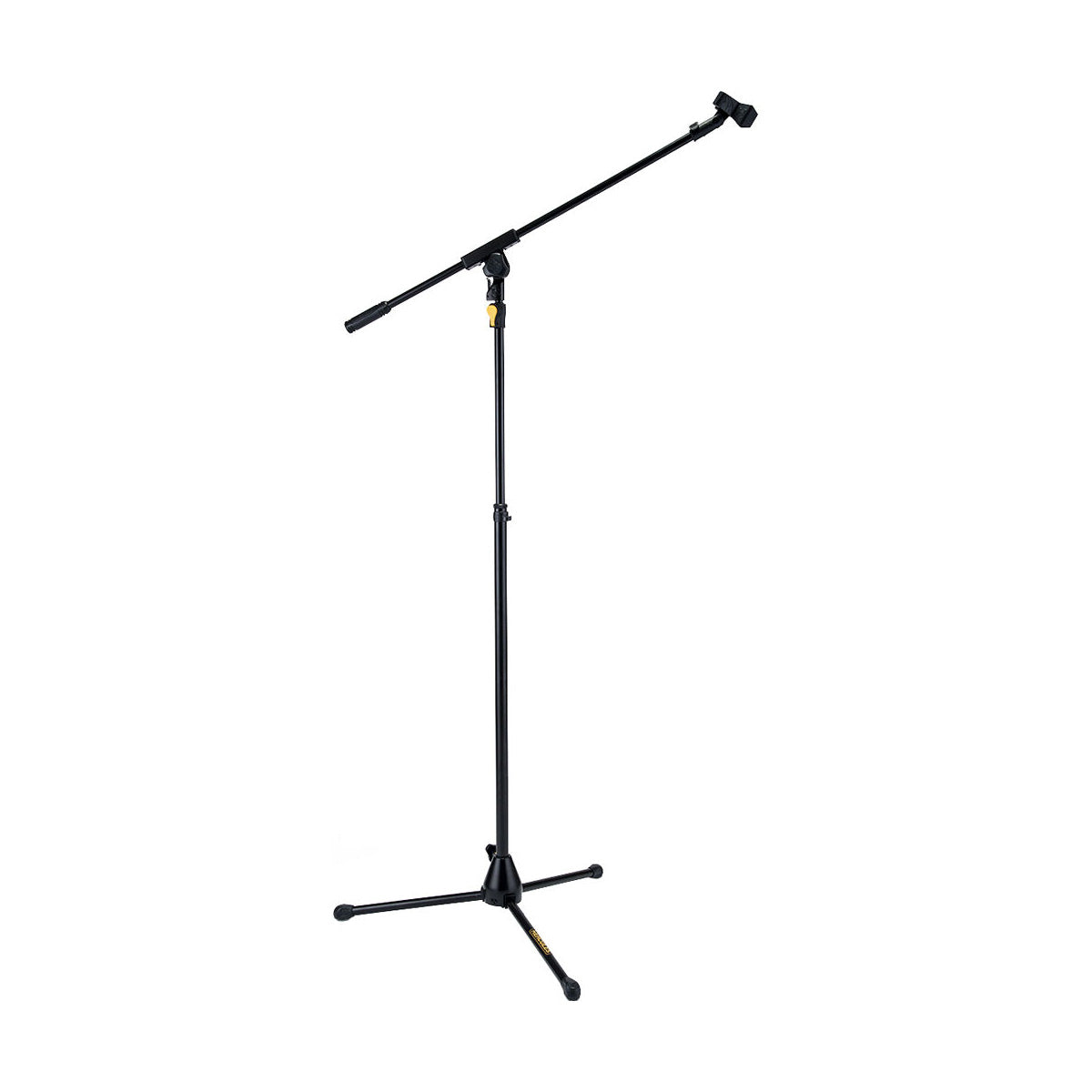 A black Hercules tripod microphone stand with boom arm and mic clip.