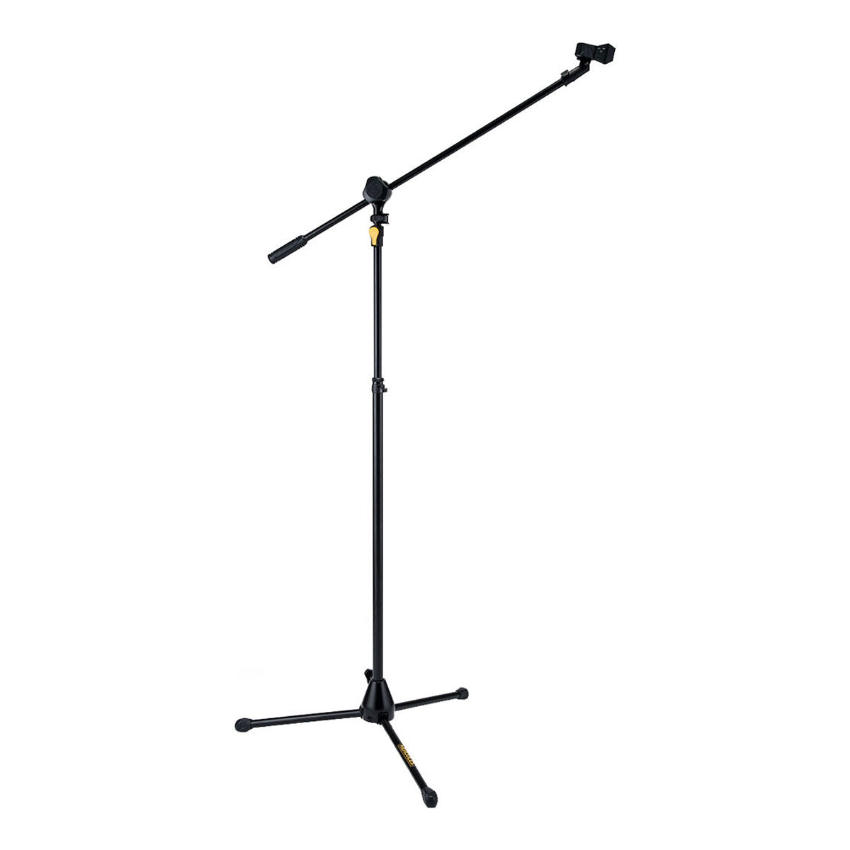 Black microphone stand on a white background
