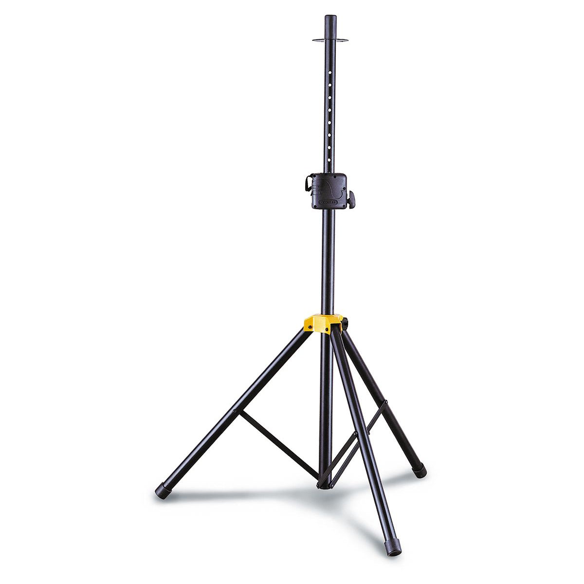 A black Hercules SS400B speaker stand with the Quik-N-EZ AutoLock System, featuring all-aluminum tubes and a yellow safety pin.