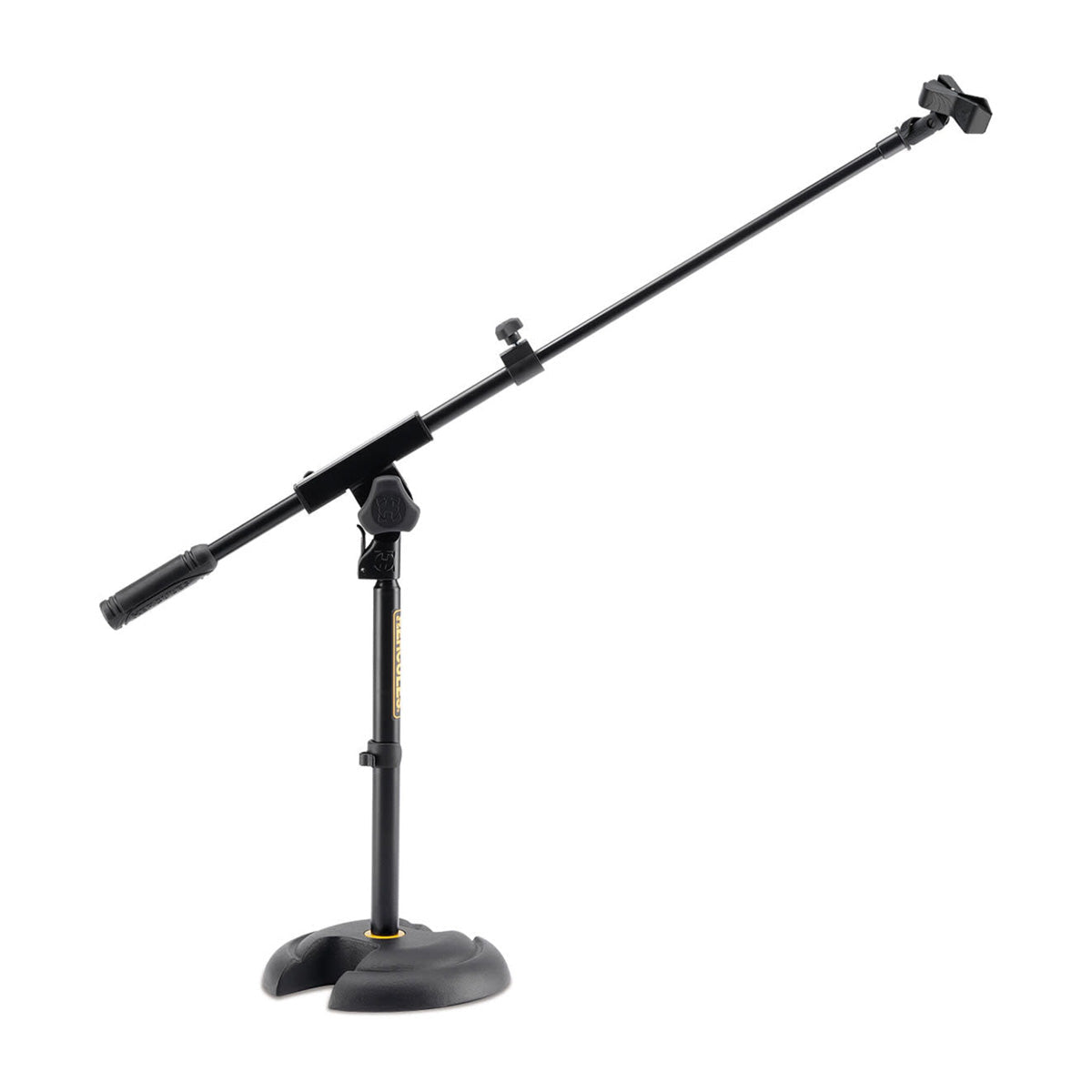 A black Hercules low profile H base microphone stand with a telescopic boom arm.