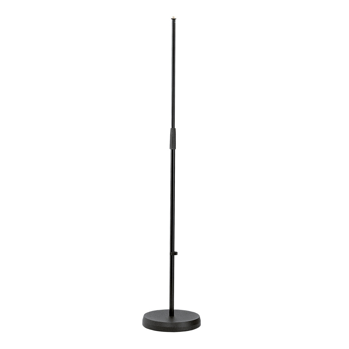 A black microphone stand with a heavy round cast-iron base and a plastic clutch-style height-adjustment system.