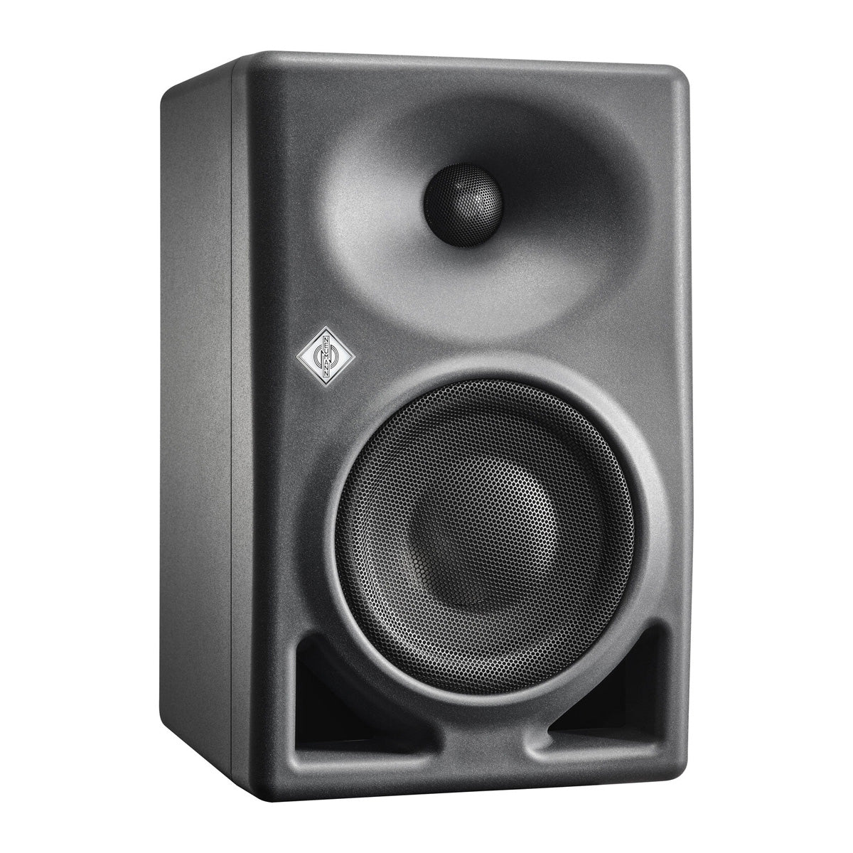 A black Neumann KH 120 II Active 5.25" 2-Way Studio Monitor speaker with a front-firing port and a Neumann diamond logo on the upper corner.