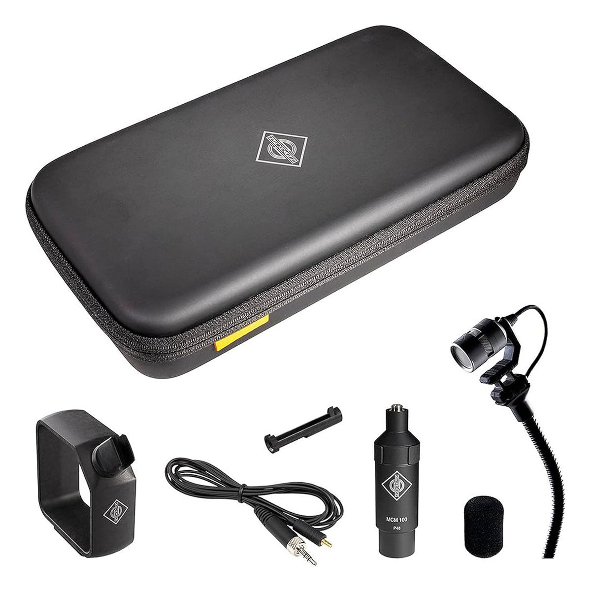 Neumann MCM 114 Stereo Set Piano, including two capsule heads, gooseneck mounts, connection cables, windscreen, output stages, clips, cable brace, safety and quick guides, and a soft carrying case.