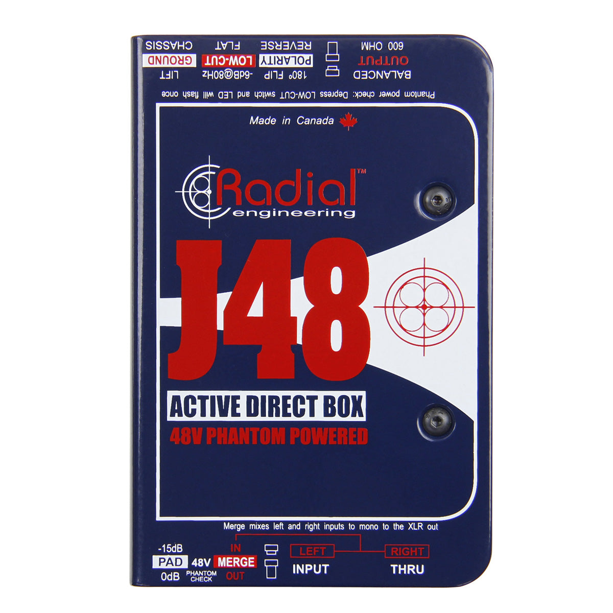 Radial J48 active direct box with blue and red design on a white background