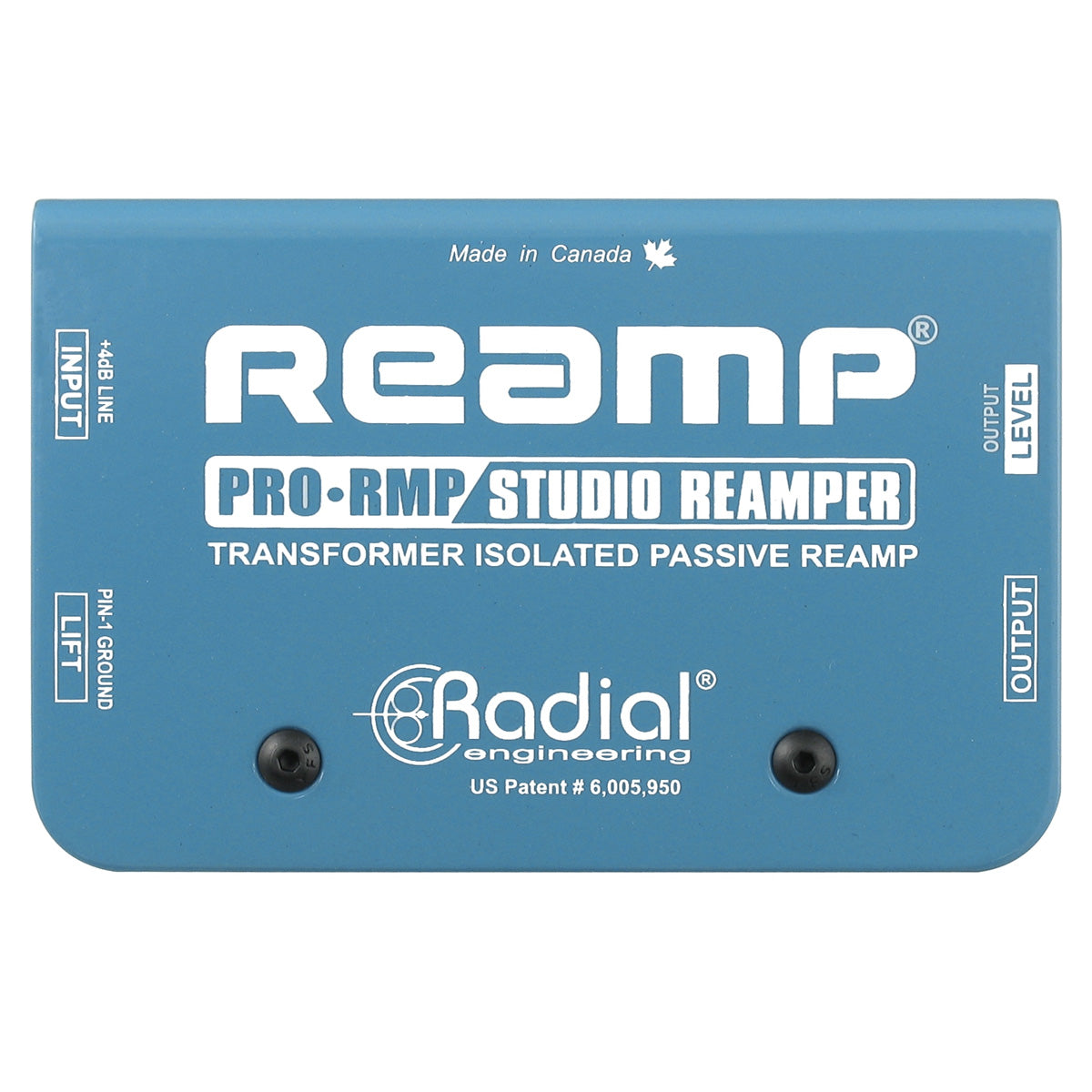 A blue Radial ProRMP passive reamper with level control, featuring two XLR connectors on the input and output sides, and a 1/4 inch output jack.