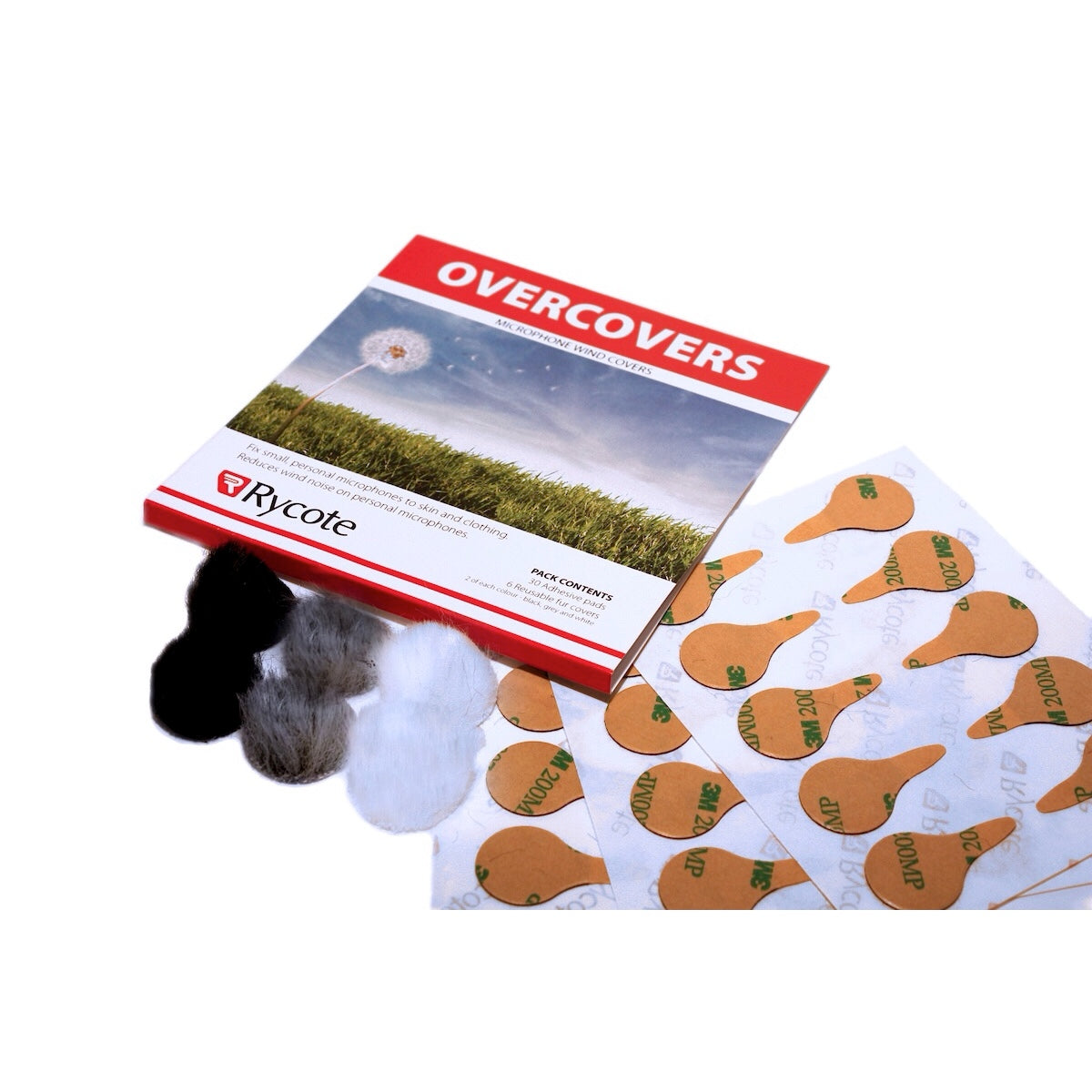 Rycote Overcovers Mix Colours packaging with some stickies and fur discs displayed in front.