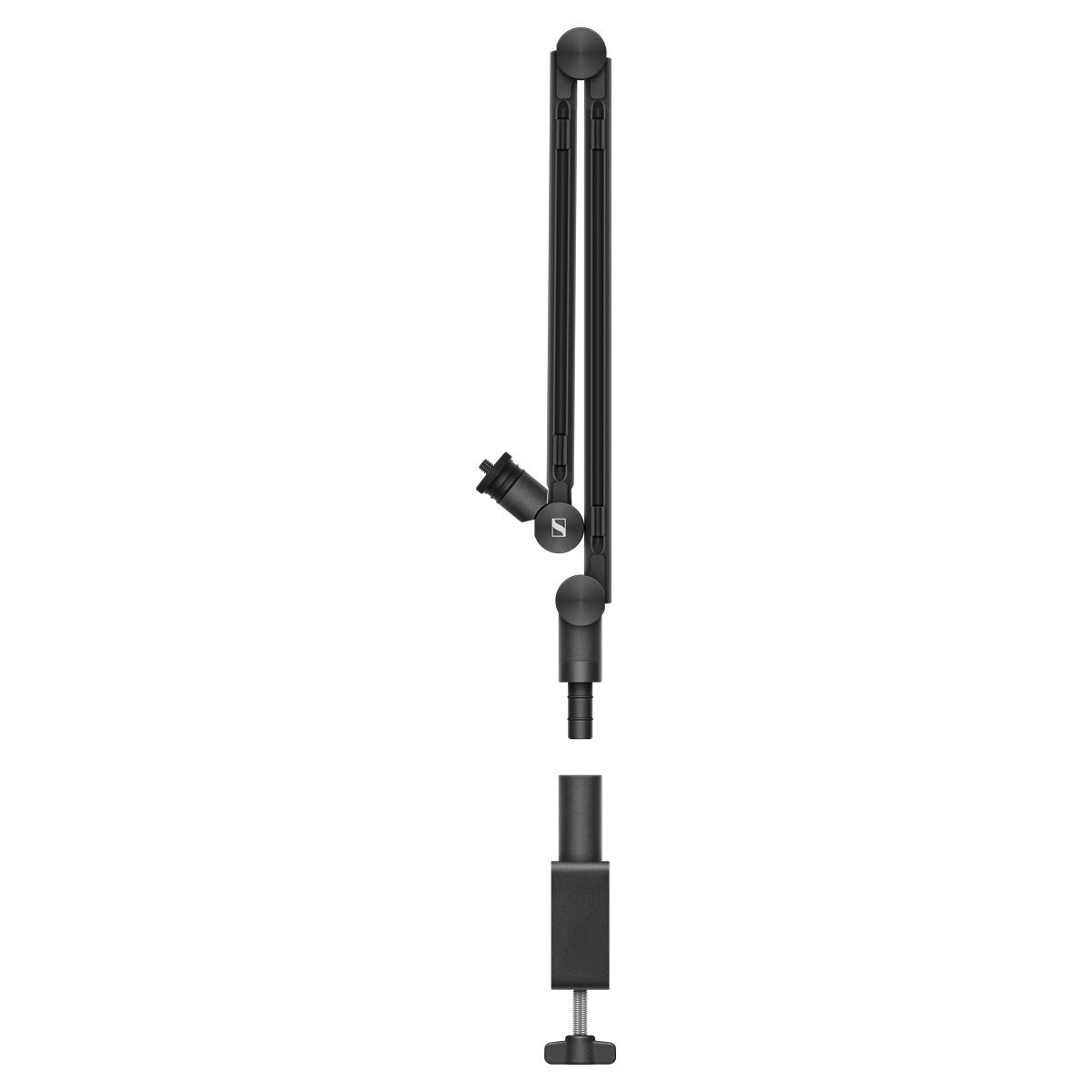 A black Sennheiser boom arm designed for holding microphones, with a clamp for attaching to a desk or table and cable guides.