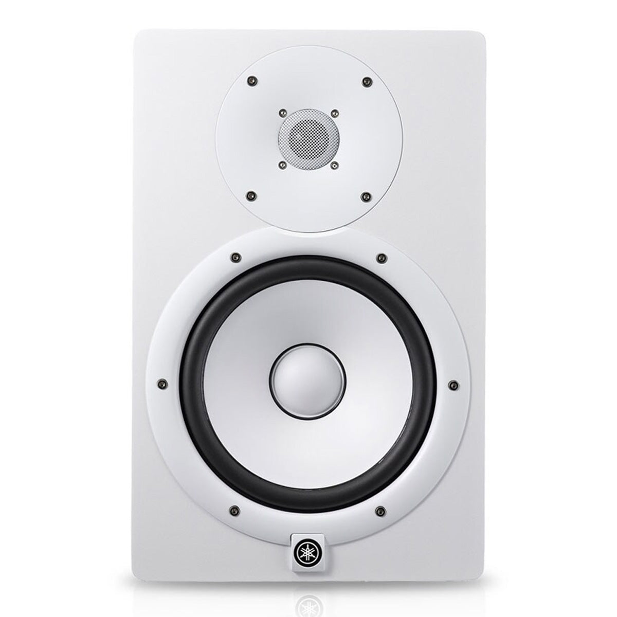 A white Yamaha HS8 powered studio monitor with a tweeter at the top, a large woofer in the middle, and a solid, square-shaped enclosure.