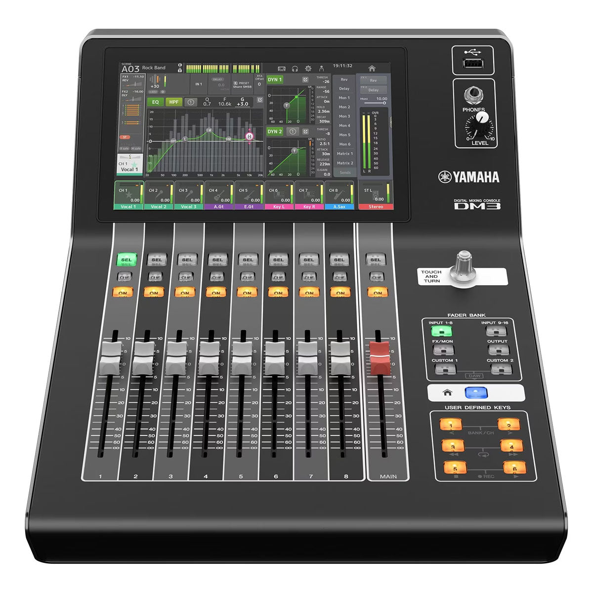 Yamaha DM3 Digital Mixing Console with a 9-inch multi-touch screen display, featuring multiple control knobs, sliders, and buttons for audio mixing.