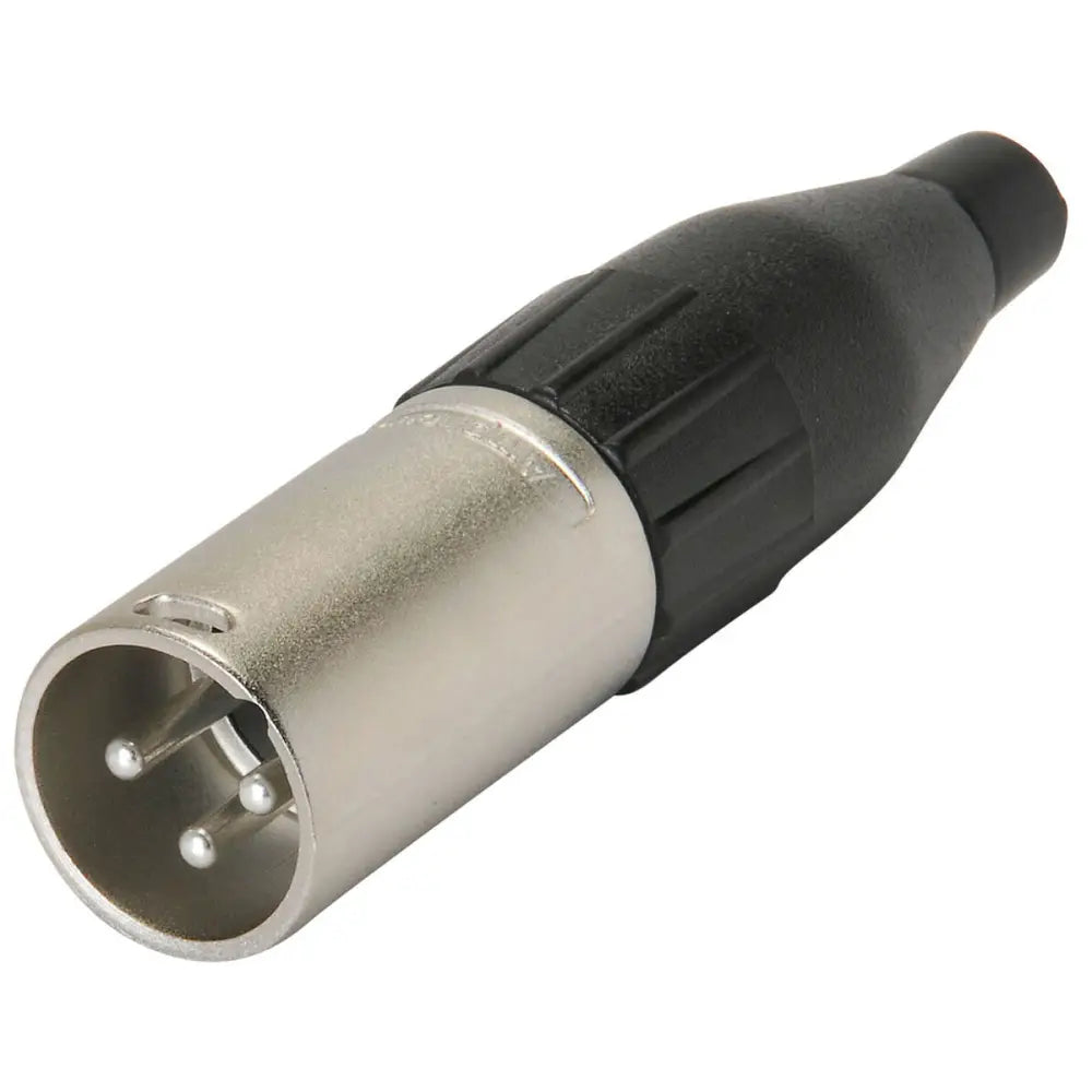 An Amphenol AC3MM Male XLR 3 Inline connector with machined contacts and a nickel finish.