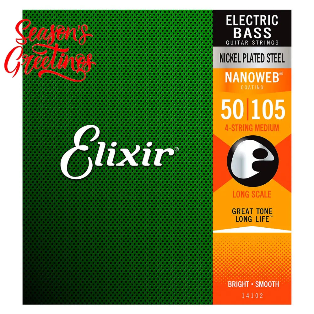 Elixir 14102 NANOWEB Coating Nickel Plated Steel Electric 4-String Bass Guitar Strings Medium Long Scale (.050-.105)