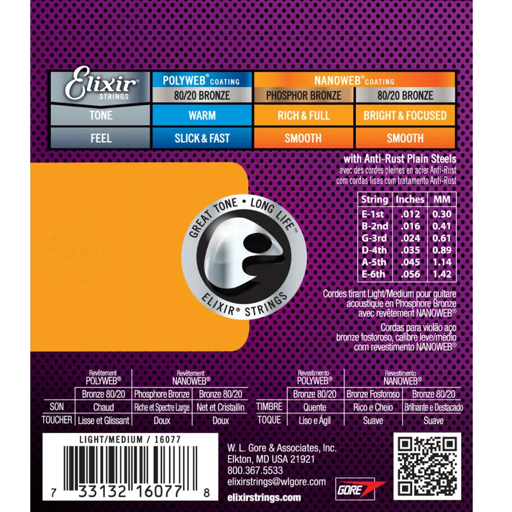 Elixir 16077 Nanoweb Coating Phosphor Bronze Acoustic Guitar Strings Light Medium (0.12-0.56) Folk Steel Strings