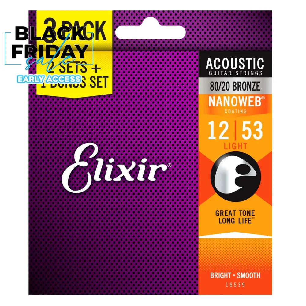 Elixir 16539 Nanoweb Coating 80/20 Bronze Acoustic Guitar Strings Light 0.12-0.53 3-PACK Folk Steel Strings