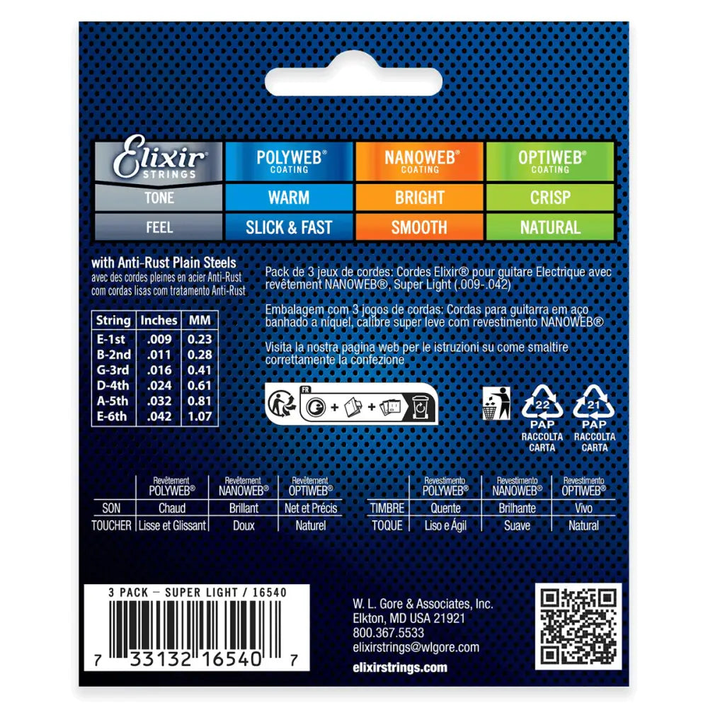 Elixir 16540 Nanoweb Nickel Plated Steel Electric Guitar Strings Super Light 0.09-0.42 - 3-PACK Electric Strings