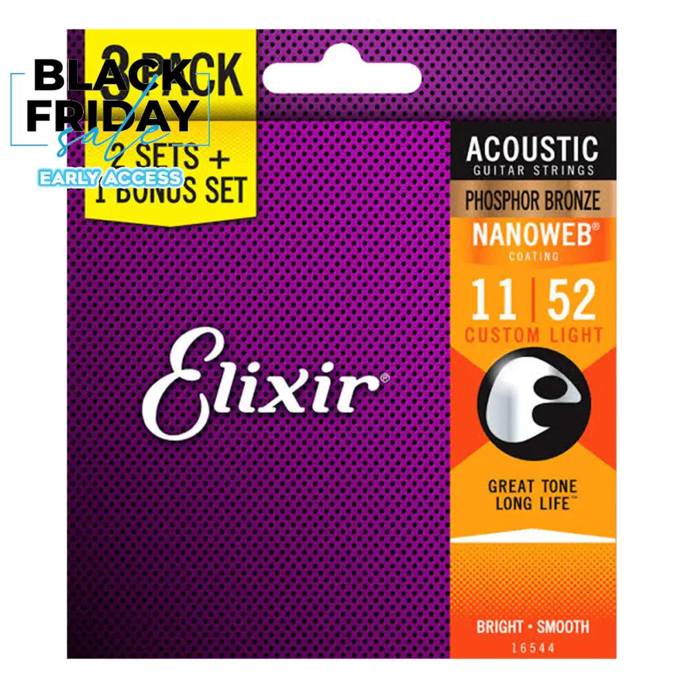 Elixir 16544 Nanoweb Phosphor Bronze Acoustic Guitar Strings.011 -.052 Custom Light 3-pack Folk Steel Strings