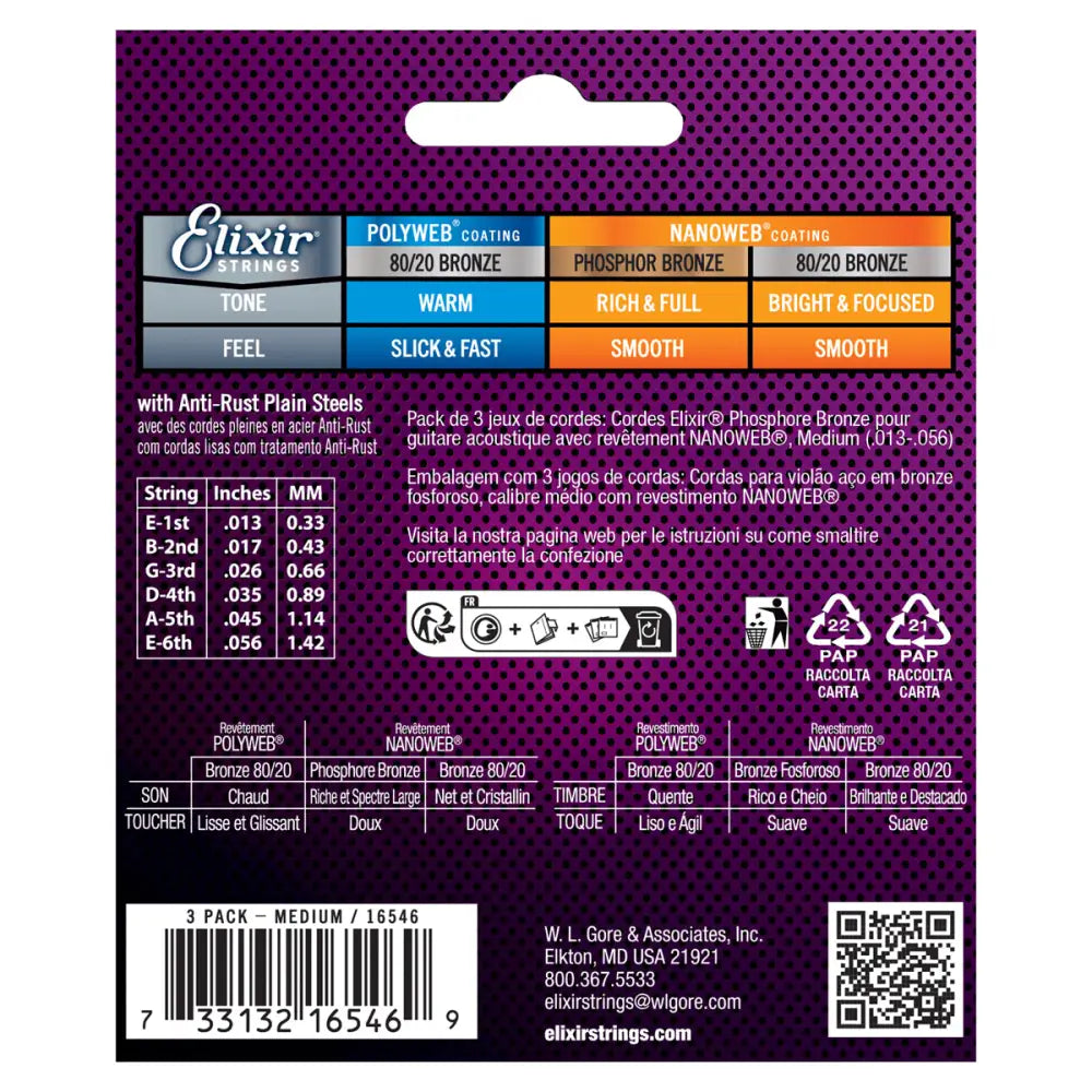 Elixir 16546 Nanoweb Coating Phosphor Bronze Acoustic Guitar Strings Medium 0.13-0.56 3-PACK Folk Steel Strings