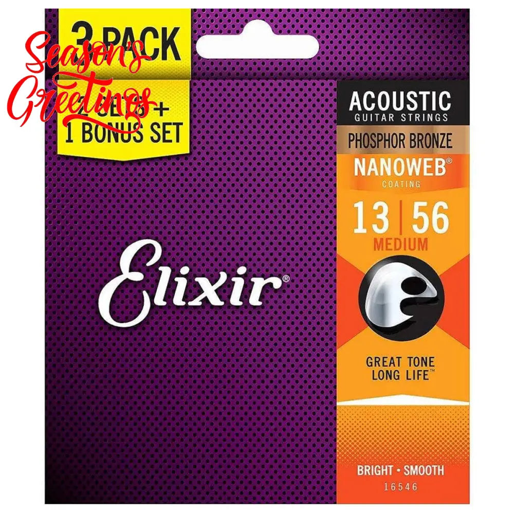 Elixir 16546 Nanoweb Coating Phosphor Bronze Acoustic Guitar Strings Medium 0.13-0.56 3-PACK Folk Steel Strings