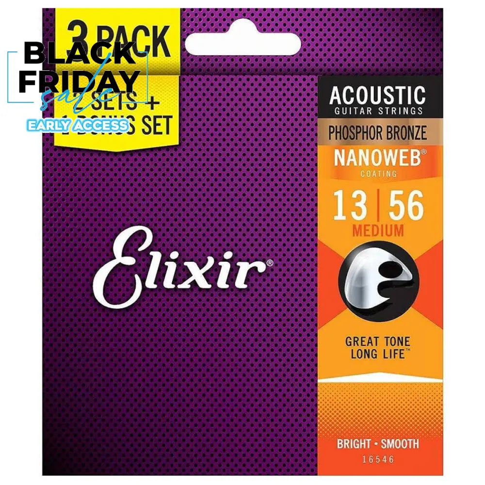 Elixir 16546 Nanoweb Coating Phosphor Bronze Acoustic Guitar Strings Medium 0.13-0.56 3-PACK Folk Steel Strings