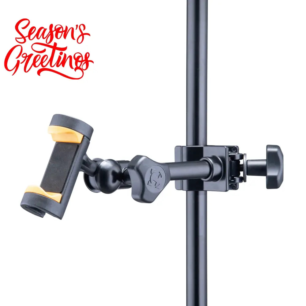 A black Hercules DG207B smartphone holder with a TightVice locking mechanism, designed to attach to a desk or microphone stand.