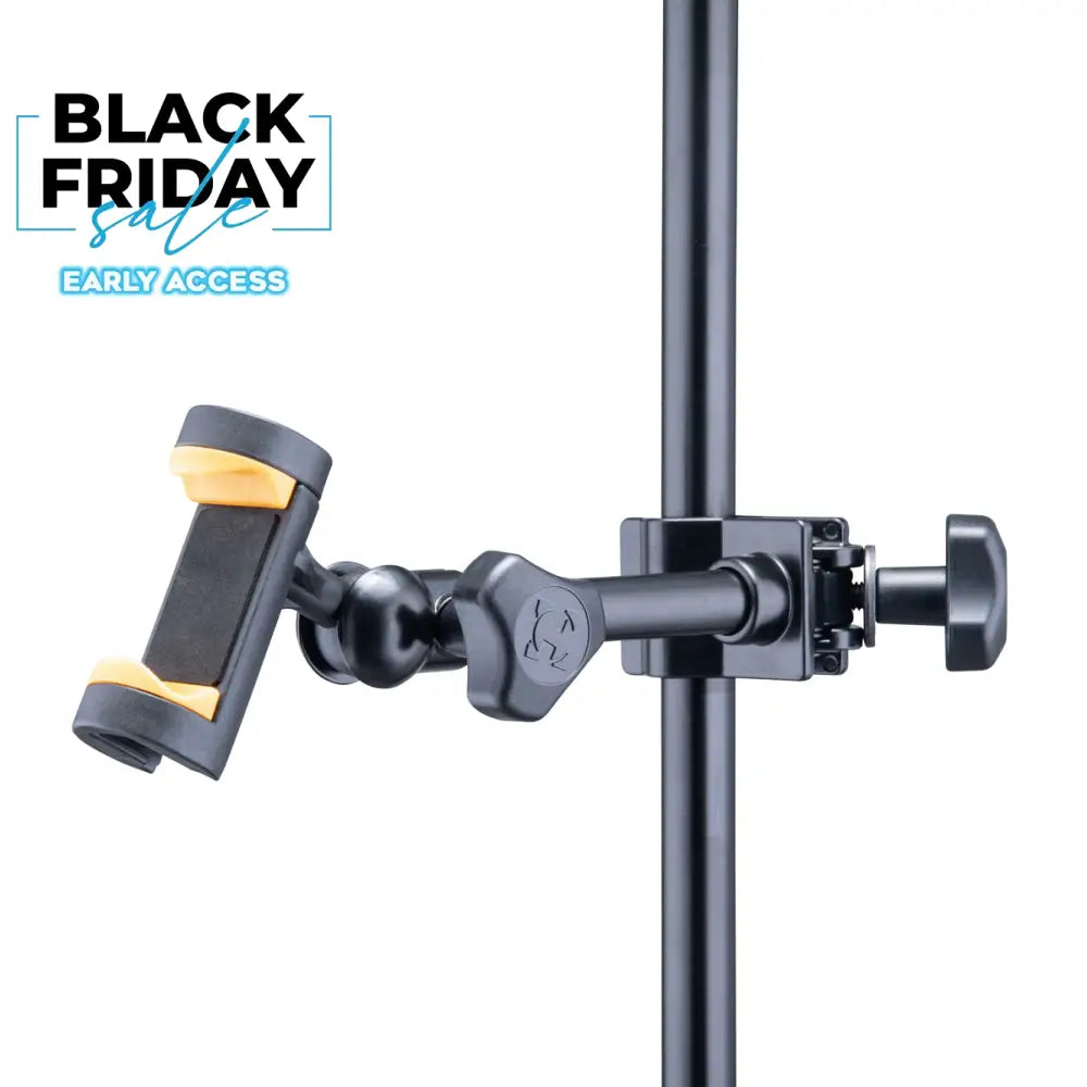 A black Hercules DG207B smartphone holder with a TightVice locking mechanism, designed to attach to a desk or microphone stand.