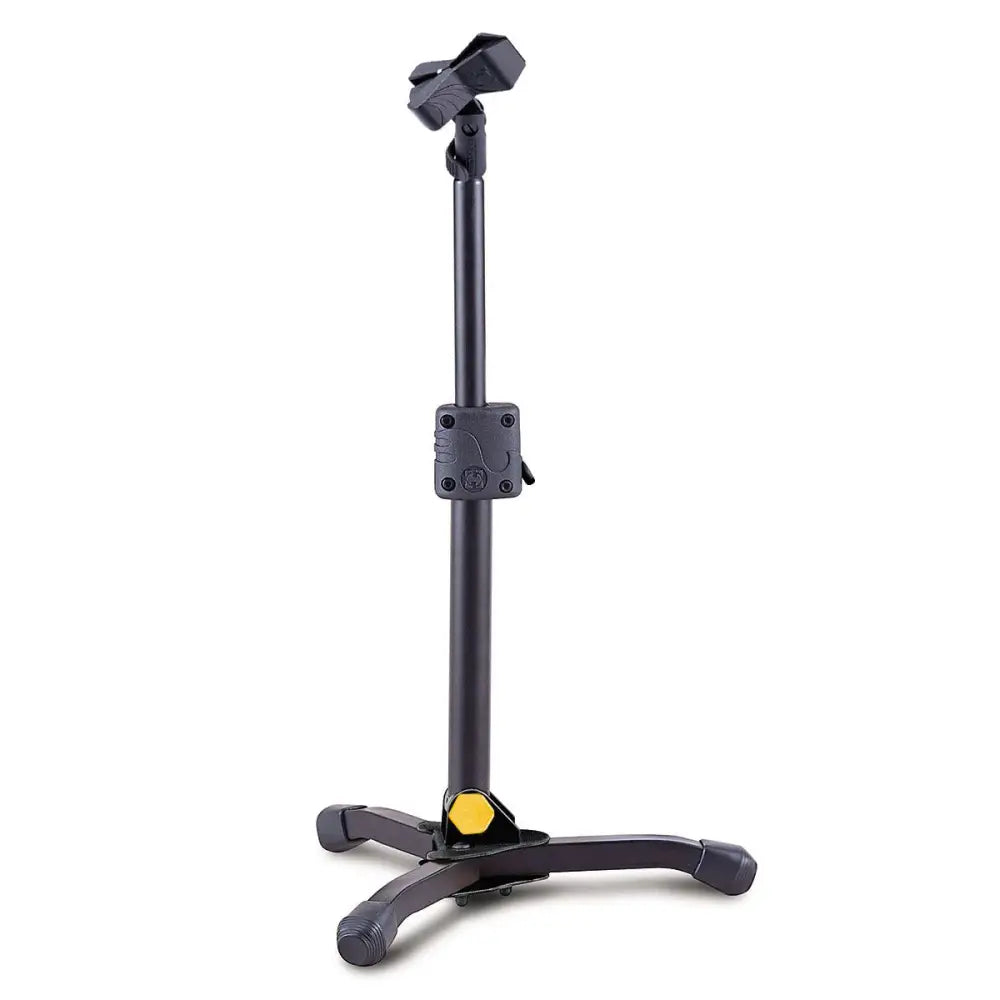 A black Hercules MS300B microphone stand with a tilting shaft, featuring a yellow button on the base and a Quik-N-EZ Height Adjustment Lever.
