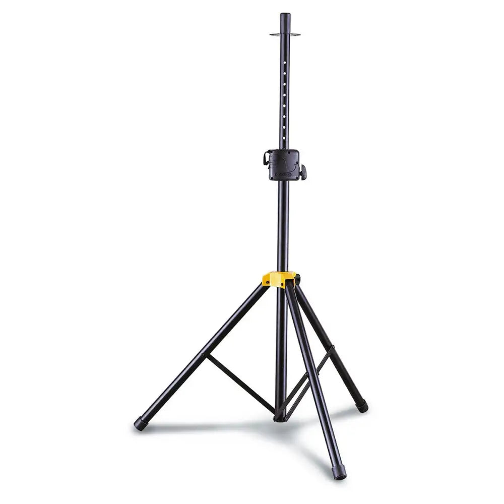 A black Hercules SS400B speaker stand with the Quik-N-EZ AutoLock System, featuring all-aluminum tubes and a yellow safety pin.